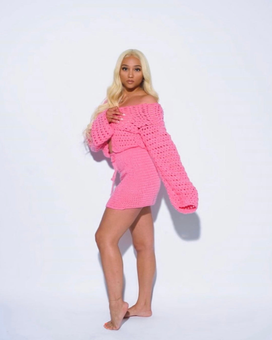 Pink Cardigan and Skirt Set