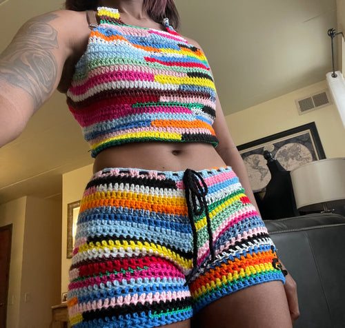 Color Block Handmade Halter Top and Shorts Set