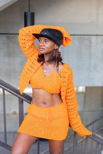 Orange Cardigan, Bralette, and Skirt Set